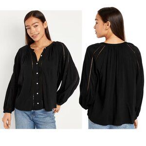 Old Navy Women's Button-Front Shirred Boho Blouse Long Sleeve Poet Black Size L
